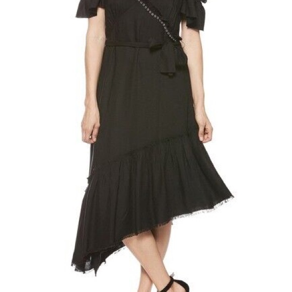 PAIGE Asymmetrical Cold Shoulder Dress Black with metal studs and fabric belt - Picture 6 of 12